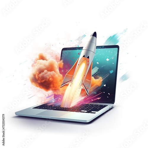 Rocket Coming Out of Laptop Screen on White Background
