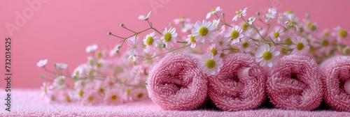 Arrangement of bath towels and lovely flowers