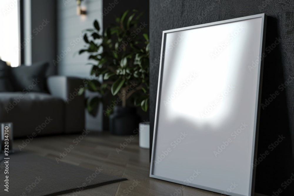 closeup of a blank picture frame mockup standing in a dark appartement background closeup of a blank picture frame mockup standing in a dark appartement background
