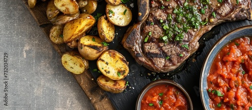 The table is adorned with a delectable spread of food including a succulent steak, flavorful potatoes, and zesty salsa. © 2rogan