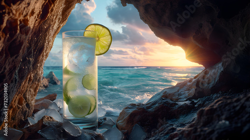 Cinematic wide angle photograph of a gin tonic sparkling cocktail with lime inside a rock cave. Product photography. Advertising.