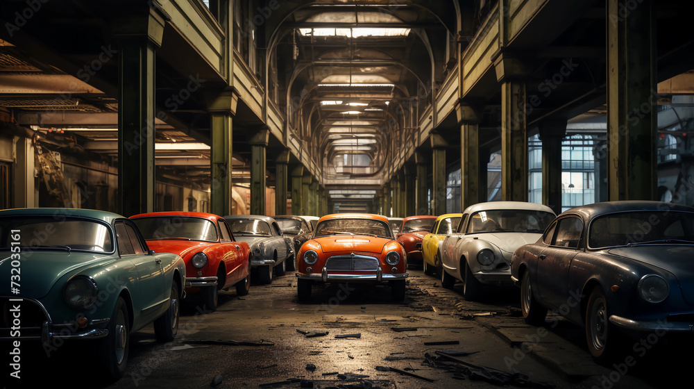 a group of cars parked inside of a building.