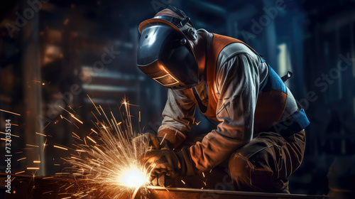 Focused welder at work, sparks flying, in a dark industrial setting, showcasing skill and precision. A depiction of craftsmanship