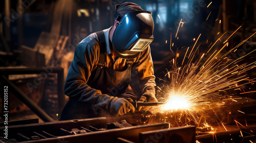 Focused welder at work, sparks flying, in a dark industrial setting, showcasing skill and precision. A depiction of craftsmanship