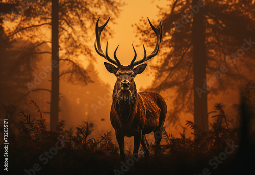 Red deer in the forest at dusk at sunset. Beautiful horned deer in orange light of the setting sun. Generative AI