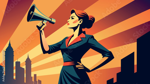 Woman Holding Megaphone in Front of City Skyline