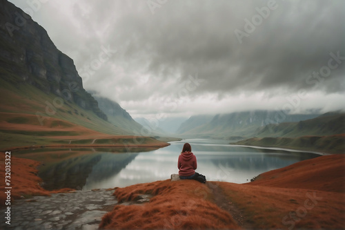 Person in Kontemplation vor atemberaubender Bergsee-Landschaft