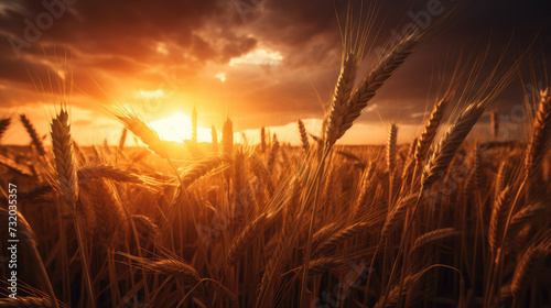 Golden Hour Harvest: A serene wheat field bathed in the warm glow of sunset, symbolizing abundance and tranquility.