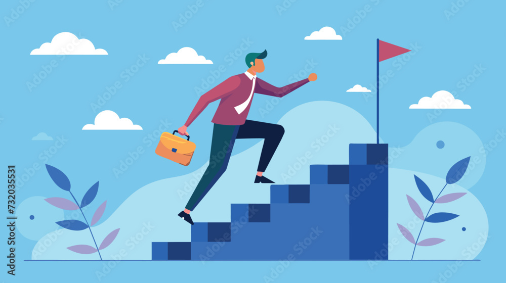 Businessman climbing stairs towards success and achievement concept