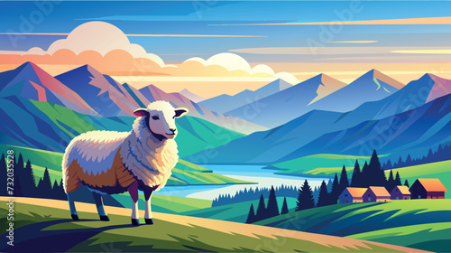 Sheep Overlooking Mountain Valley at Sunset