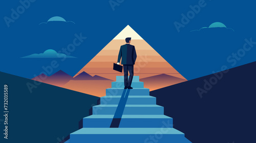 Businessman climbing stairs towards success at dawn illustration