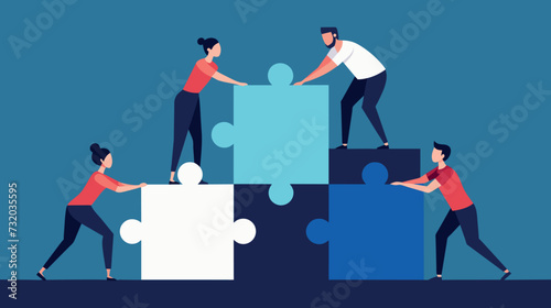 Teamwork concept with cartoon characters assembling a puzzle