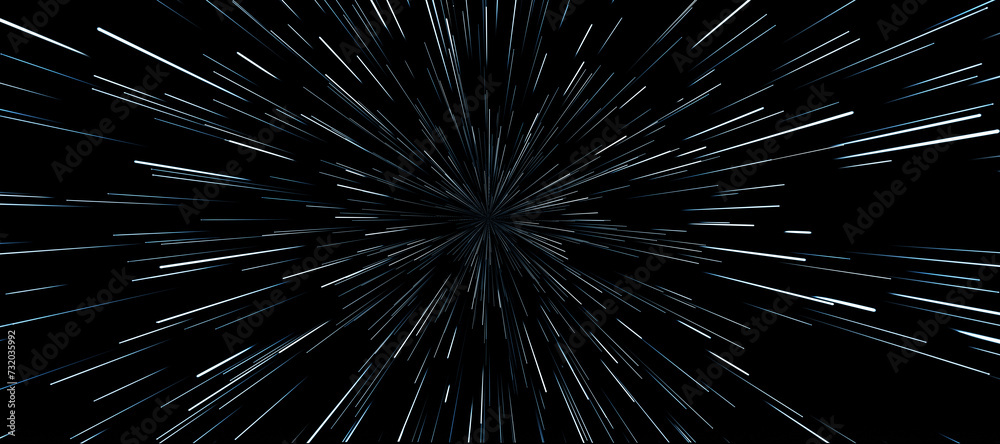 Star warp. Hyperspace jump, traces of moving stars light and interstellar fast speed travel