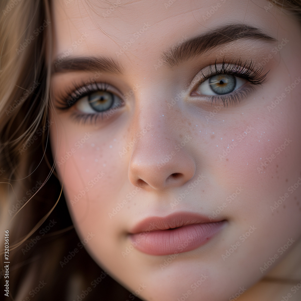 Fototapeta premium Serene Elegance: Young Lady with Mesmerizing Blue Eyes and Soft Smile