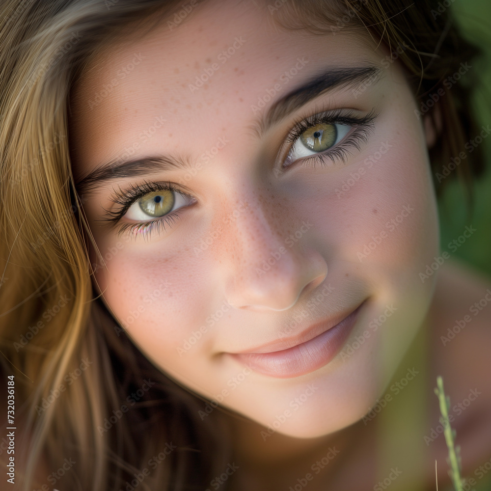 Fototapeta premium Innocent Gaze: Portrait of a Young Girl with Sparkling Green Eyes