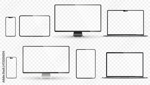 Device screen mockup. Smartphone, tablet, laptop and monoblock monitor, with blank screen for you design. Stock royalty free vector illustration. PNG