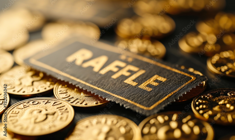 Golden raffle ticket with RAFFLE! text, symbolizing chance, competition, and luck in a prize draw or lottery event with a unique serial number Golden raffle ticket with RAFFLE! text, symbolizing chance, competition, and luck in a prize draw or lottery event with a unique serial number
