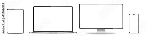 Device screen mockup. Smartphone, tablet, laptop and monoblock monitor, with blank screen for you design. Stock royalty free vector illustration. PNG