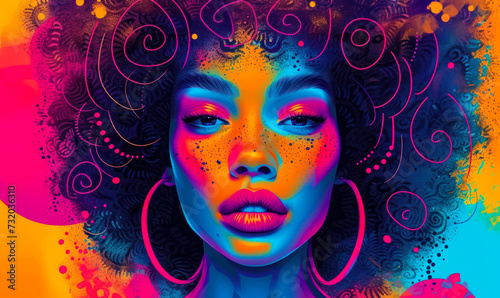 Vibrant Pop Art Illustration of a Woman with Afro Hair Embracing the Bold Colors and Energetic Patterns of Retro and Modern Fusion