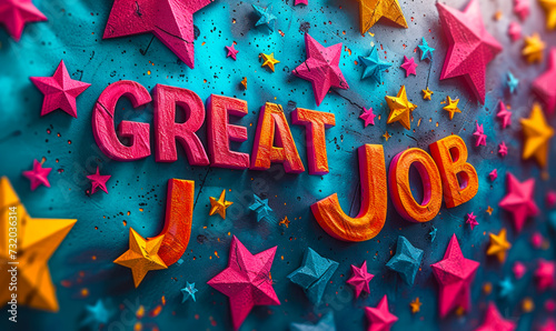 Colorful stars bursting out with the words GREAT JOB in bold, celebrating achievement, success, praise, or a job well done in a vibrant, congratulatory graphic