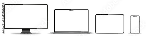 Device screen mockup. Smartphone, tablet, laptop and monoblock monitor, with blank screen for you design. Stock royalty free vector illustration. PNG