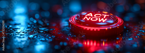 A 3D rendered red button with the words ACT NOW symbolizes urgency, immediate action, response, and the importance of taking swift decisive steps photo