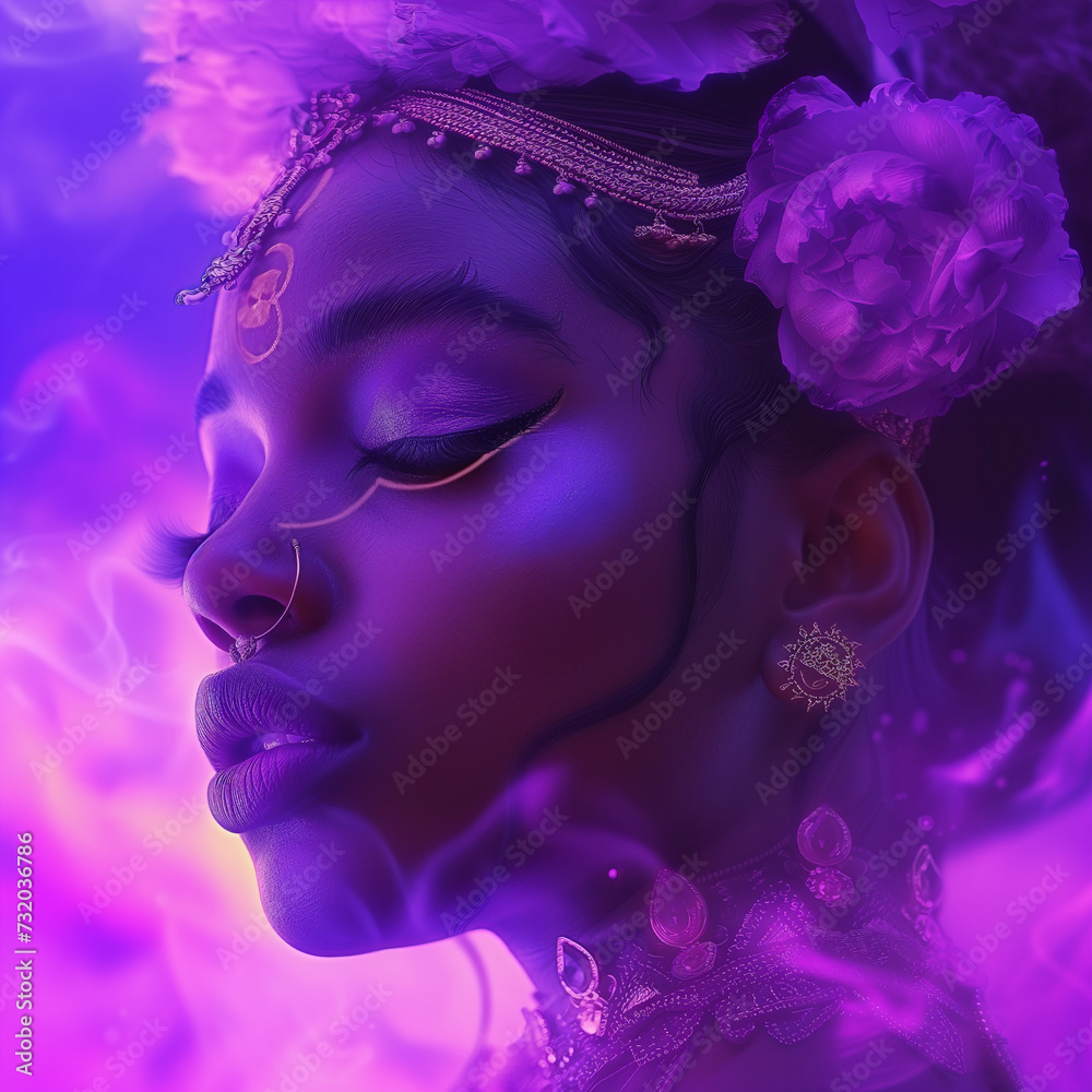 Ethereal Profile: Woman Shrouded in Mystique with Vivid Purple Ambience