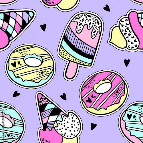 Set of cute stickers and different elements with donuts, ice cream, hearts. Girlish stickers in bright colors isolated on lilac background. Fashion pop art patch. Retro