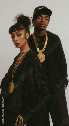 Urban Fashion Duo: Stylish Pair in Black Attire with Gold Chains