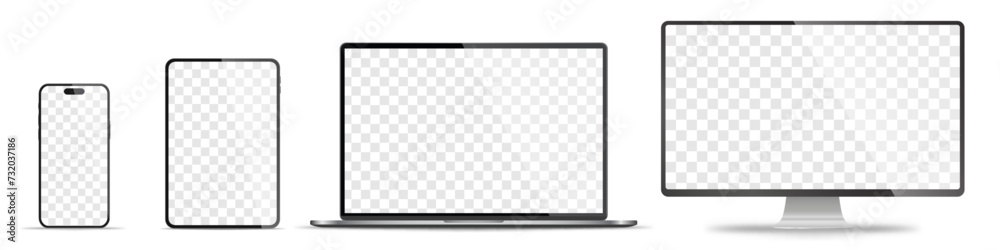 Device screen mockup. Smartphone, tablet, laptop and monoblock monitor, with blank screen for you design. Stock royalty free vector illustration. PNG - obrazy, fototapety, plakaty 