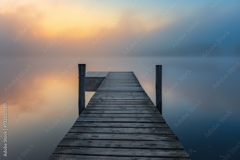 pier at dawn with lake mist