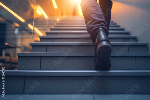 An ambitious businessman ascending stairs to confront an upcoming challenge and seize a business opportunity. The towering staircase symbolizes the concept of career success, future planning, and busi
