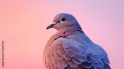 Wallpaper Mural Close-Up of a Graceful Pigeon Against a Soft Pink Sunset Sky, Detailed Feathers and Calm Expression Torontodigital.ca