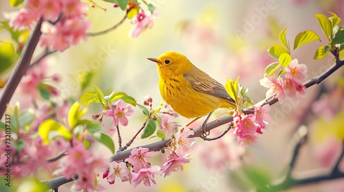 Western Tanager perched on a branch with pink blossoms