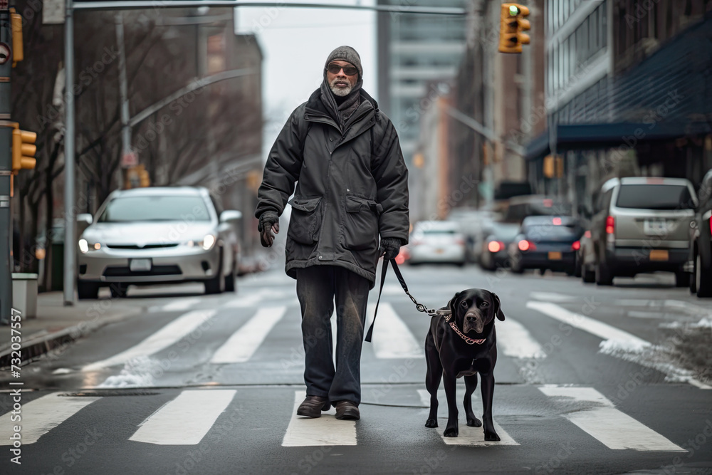 Blind mature man with guide dog crossing road Blind mature man with guide dog crossing road