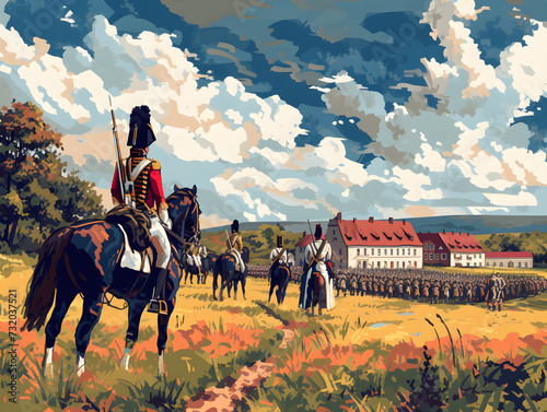Dramatic Napoleonic Wars Illustration, Hussar Cavalry Soldier on Horseback Observing Troop Formation - War History and Military Strategy Concept