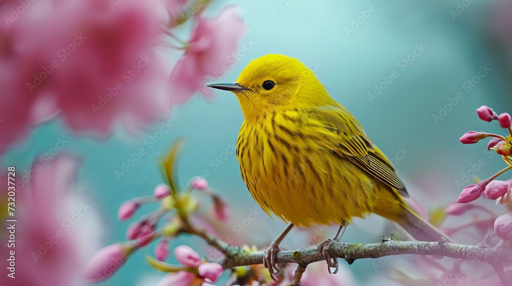 Vibrant Yellow Warbler Bird Perched on a Blossoming Pink Flower Branch Against a Soft Blue Background Vibrant Yellow Warbler Bird Perched on a Blossoming Pink Flower Branch Against a Soft Blue Background