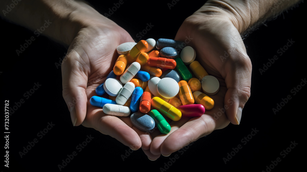 a hand holding a pack of multicolored pills