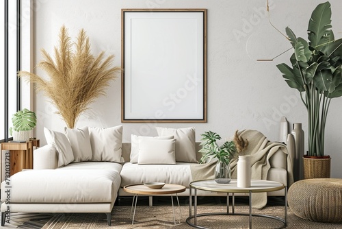 Poster frame mock-up in home interior background with sofa, table and decor in living room, 3d render photo