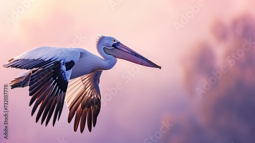 Graceful Pelican in Flight, Captured at Sunset with Extended Wings and Detailed Feathers Against a Softly Blurred Background