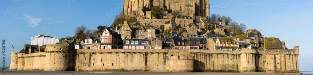 Mont Saint Michel at low tide and sunshine, no crowd, Panorama