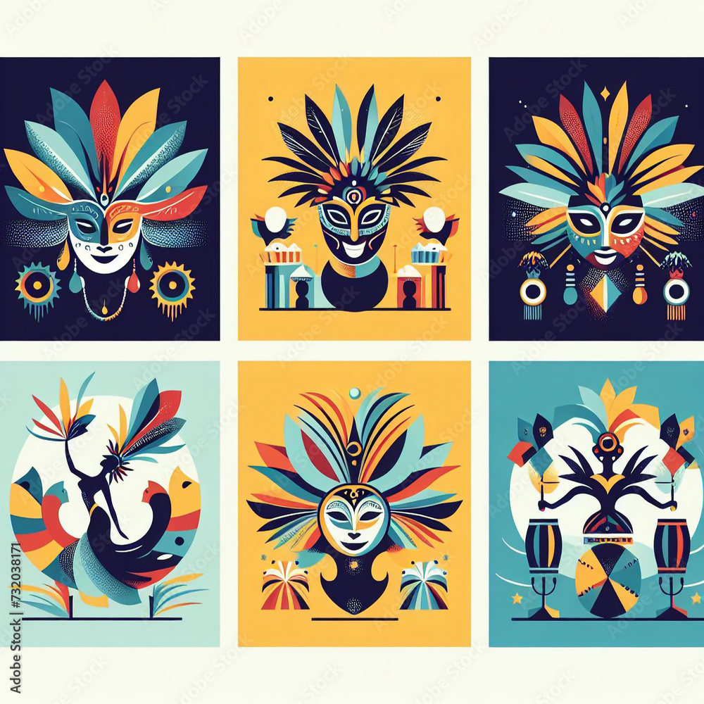 Obraz premium Brazilian Carnival illustration with traditional samba dancers, Sambistas. Carnival in Rio de Janeiro. On white and colorful backgrounds.
