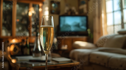 Cinematic wide angle photograph of a glass of champagne in a living room old 90s tv. Product photography. Advertising.
