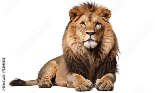 A majestic lion sitting gracefully  looking directly at the camera  against a solid white and transparent background. generative AI