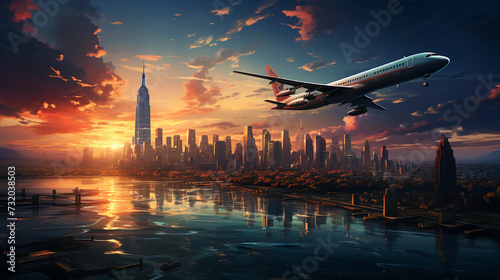 a plane flying over a city with tall buildings