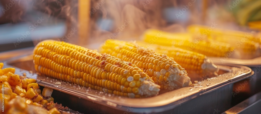 Corn on the cob, a dish in which corn kernels are being cooked in a pan with steam, creating a delicious and natural food. Corn on the cob, a dish in which corn kernels are being cooked in a pan with steam, creating a delicious and natural food.