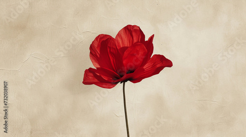 a red flower on a beige background