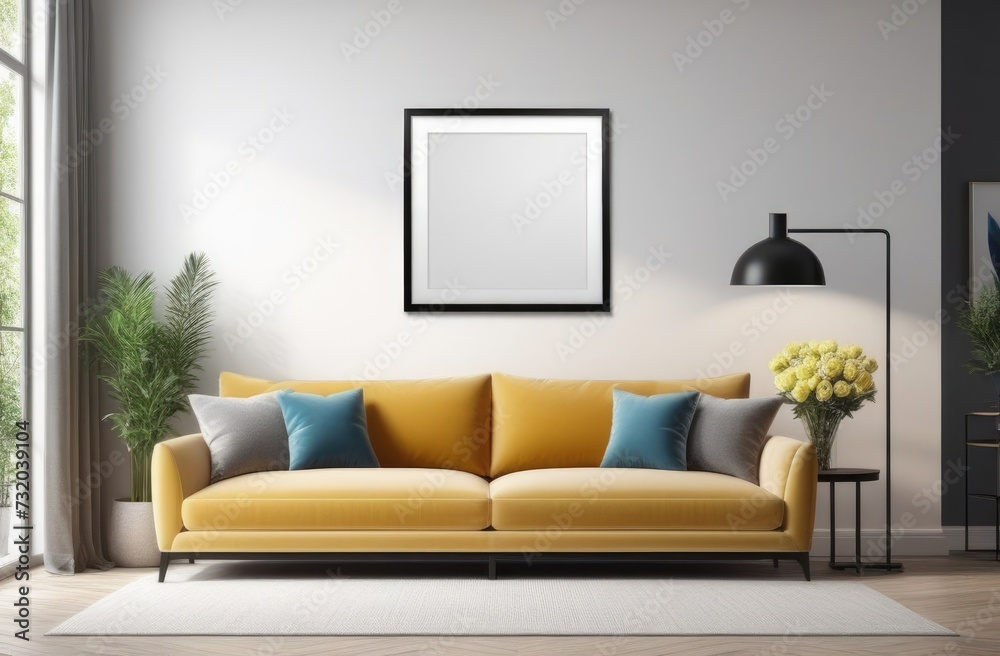 empty mockup picture frame on the wall, minimalist interior, interior of a modern living room, lounge area with a bright sofa, indoor plants, poster template empty mockup picture frame on the wall, minimalist interior, interior of a modern living room, lounge area with a bright sofa, indoor plants, poster template
