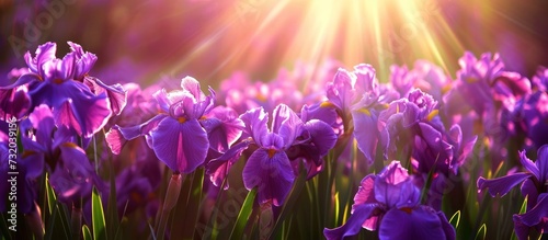 A meadow filled with purple iris flowers, their vibrant petals illuminated by the sun, creates a stunning scene.