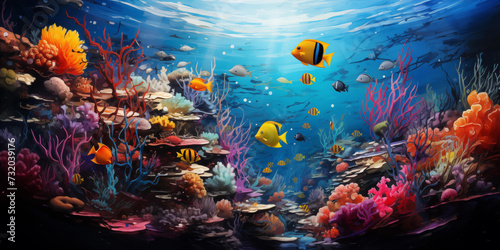 Vibrant underwater scene teeming with various fish species with space for copy, portraying an authentic underwater environment © ammad